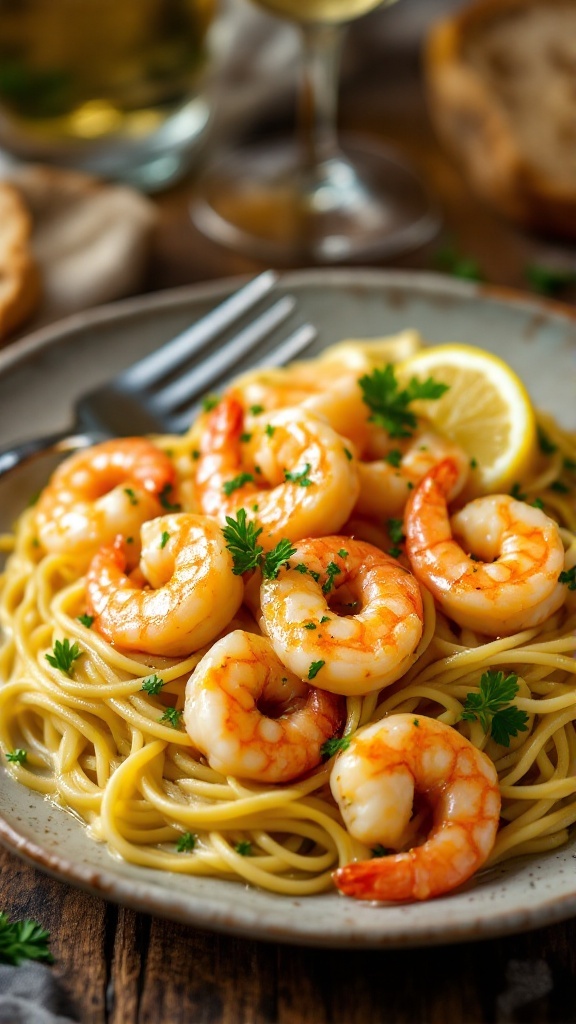 Shrimp scampi with linguine pasta, garlic butter sauce, garnished with parsley and lemon, on a rustic table.