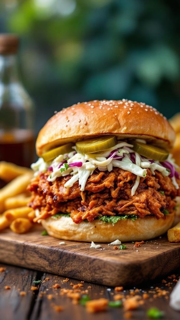 BBQ chicken sandwich with coleslaw and pickles on a wooden board