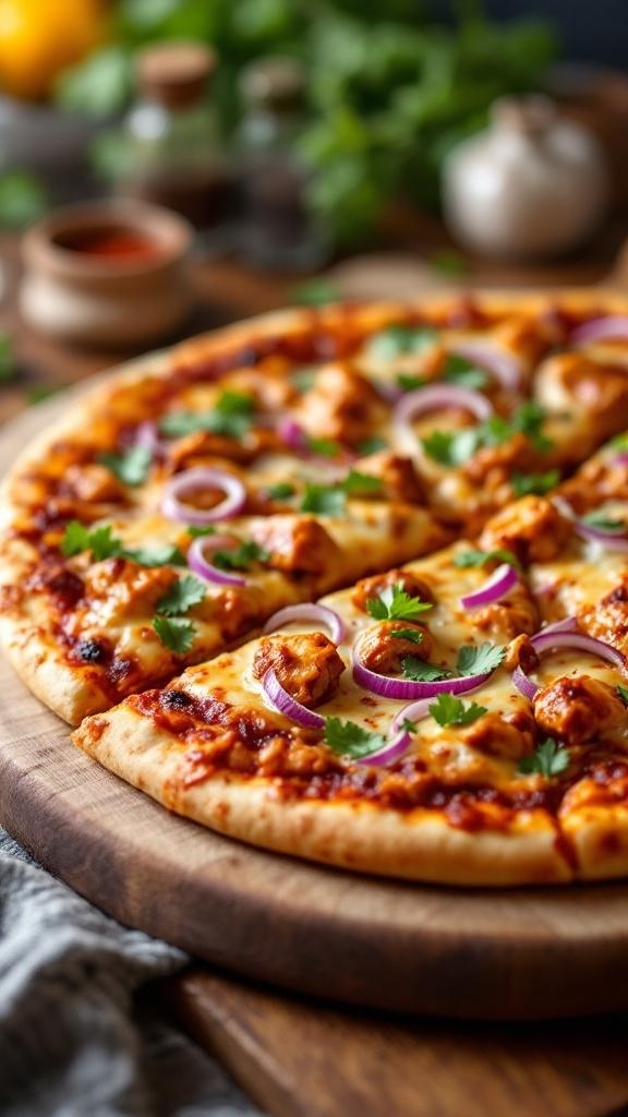 BBQ chicken pizza topped with cilantro and red onions on a wooden board.