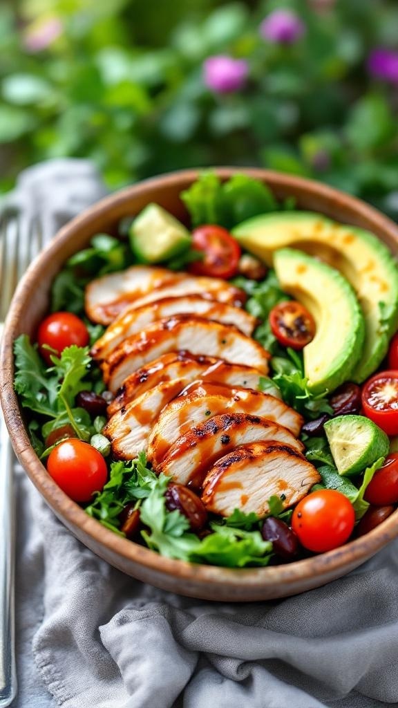 A colorful grilled BBQ chicken salad with sliced chicken, cherry tomatoes, avocado, and mixed greens.