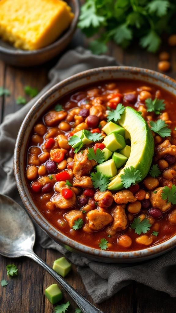 A bowl of hearty chicken chili topped with avocado and cilantro, with cornbread on the side.
