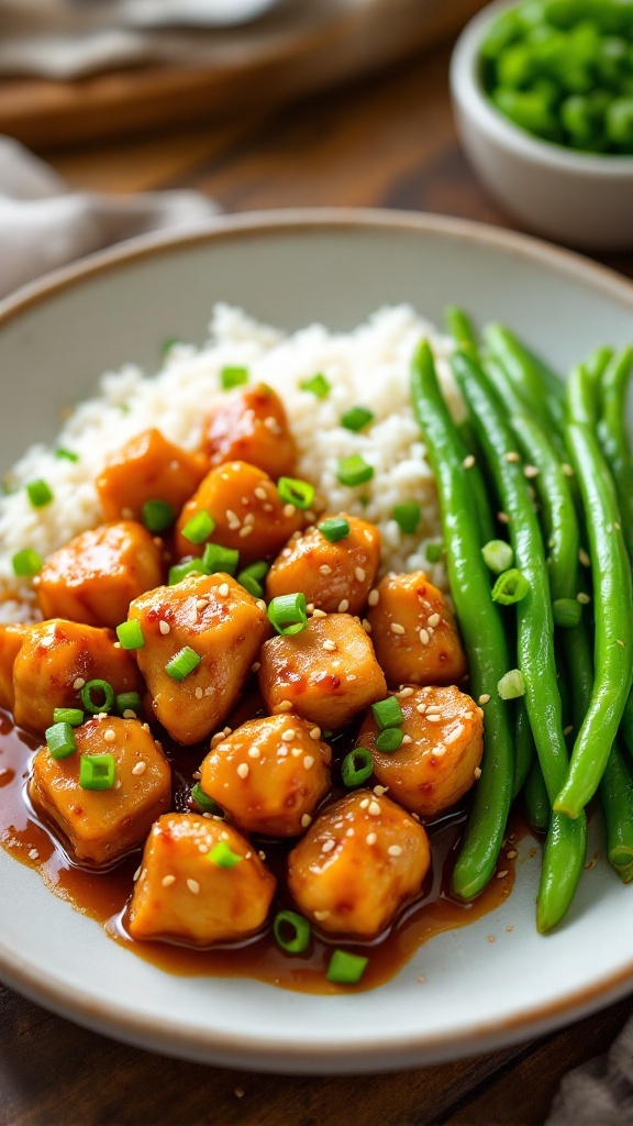A nutritious plate of sesame chicken with green beans and rice, garnished with sesame seeds and green onions, on a rustic table.