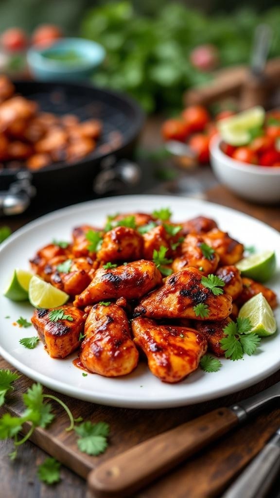 A plate of spicy chipotle BBQ chicken garnished with cilantro and lime wedges.