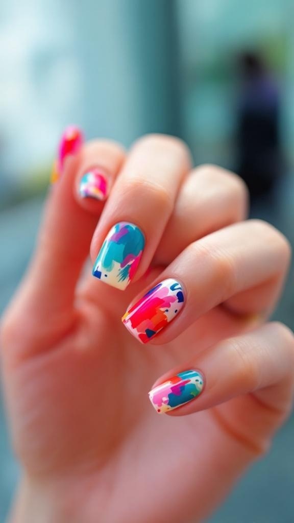 Colorful abstract brush stroke nail design on short nails