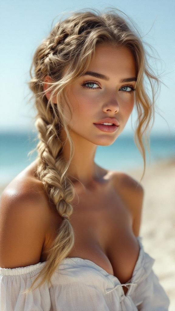 A woman with a beautiful accent braid and loose waves, standing on the beach.