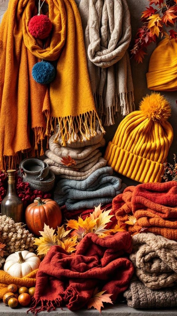A collection of colorful fall accessories including scarves, hats, and blankets in warm autumn colors.