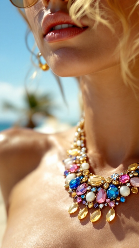 Close-up of a woman wearing a colorful statement necklace with various gems against a beach background