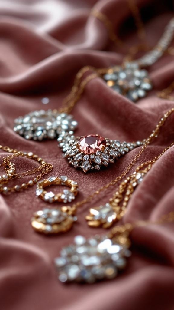 An assortment of elegant jewelry pieces including necklaces and earrings on a pink fabric.