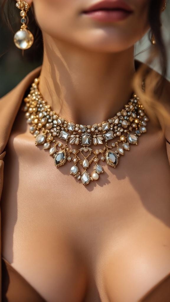 Close-up of a woman wearing a stunning layered necklace and elegant earrings.