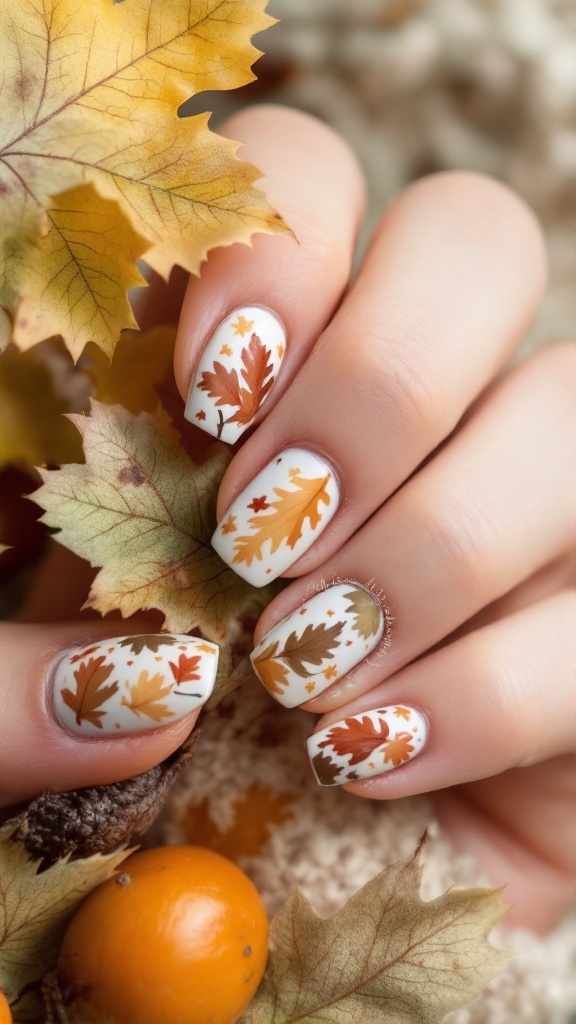 Nails decorated with acorn and oak leaf designs in fall colors on a background of autumn leaves.