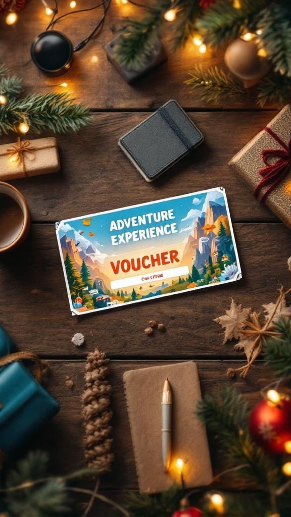 A beautifully designed adventure experience voucher on a wooden table, surrounded by festive decorations.