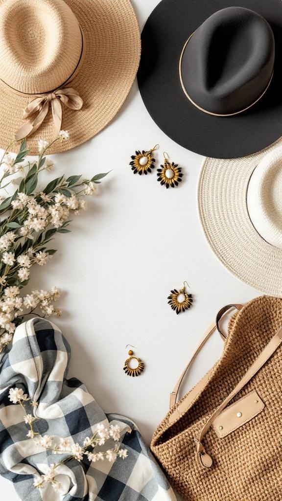A collection of accessories including hats, earrings, a scarf, a tote bag, and flowers arranged on a flat surface.