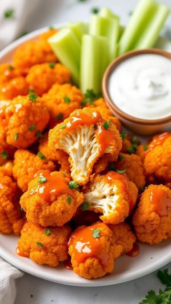 A plate of air-fried cauliflower buffalo bites drizzled with hot sauce, served with celery sticks and ranch dressing.