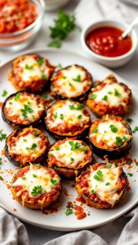 A plate of air-fried eggplant parmesan bites topped with cheese and parsley, served with marinara sauce.