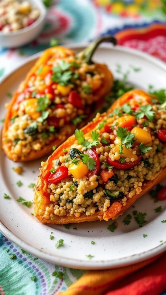 Air-fried stuffed bell peppers filled with quinoa, cherry tomatoes, and spinach, garnished with cilantro.