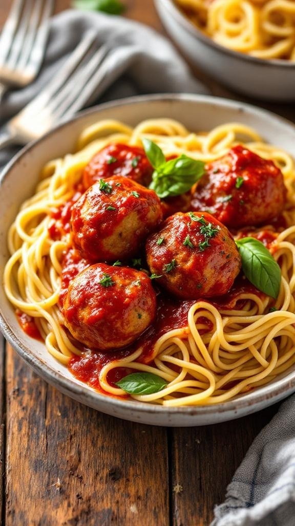 A bowl of air-fried turkey meatballs with marinara sauce served over spaghetti, garnished with fresh basil.