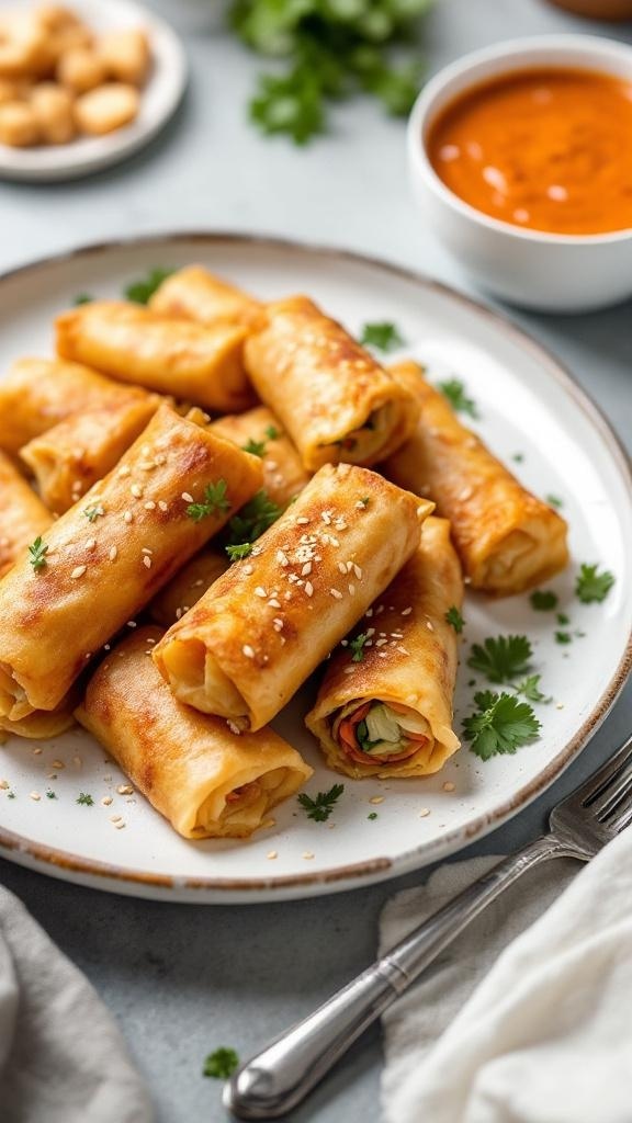 Plate of crispy air-fried vegetable spring rolls garnished with sesame seeds and served with dipping sauce.