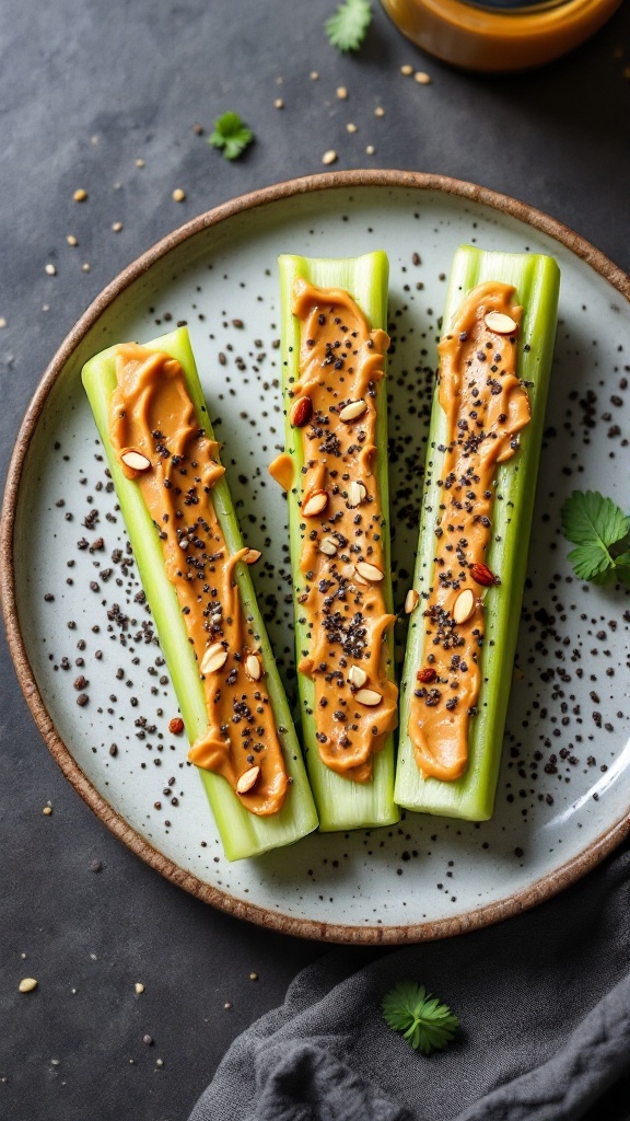 Celery sticks topped with almond butter, sliced almonds, and chia seeds on a plate.