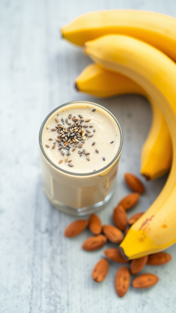 A glass of almond butter banana smoothie garnished with chia seeds, surrounded by bananas and almonds.