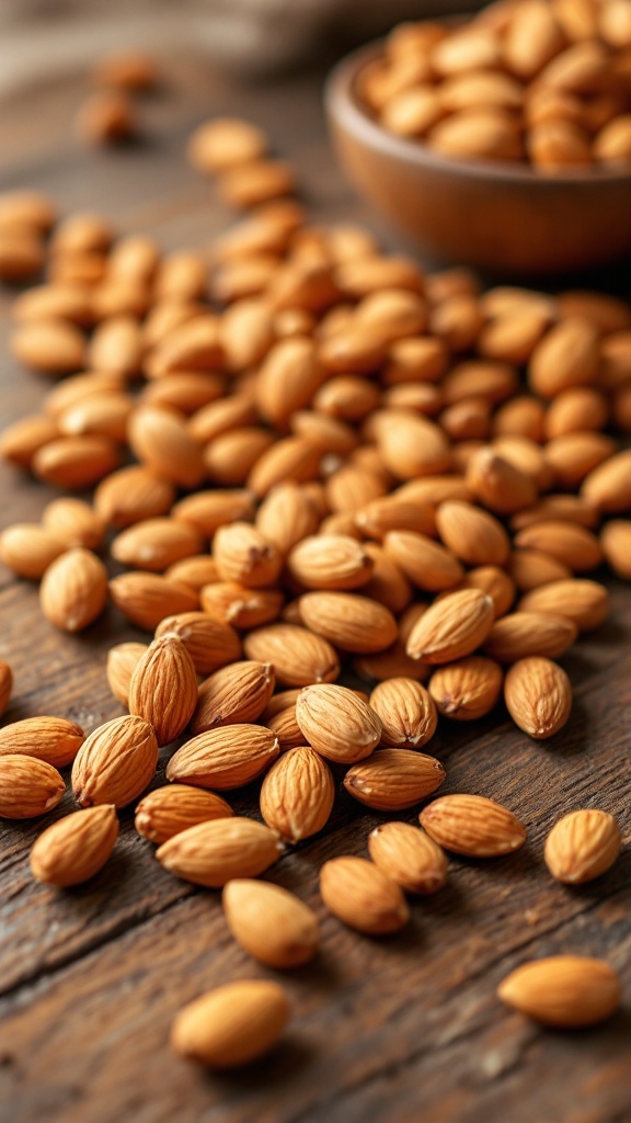 A variety of almonds scattered on a wooden surface.