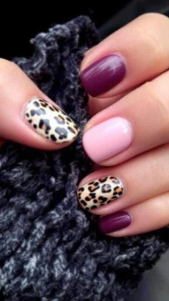 Close-up of short nails featuring animal print designs in leopard and dalmatian patterns.