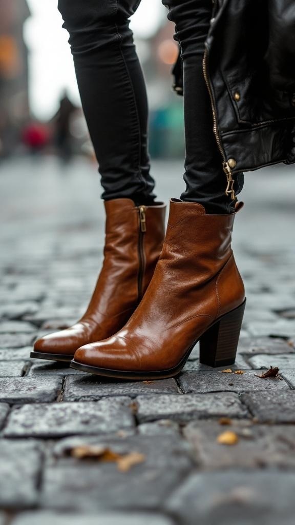 A pair of brown leather ankle boots worn with black jeans, standing on a cobblestone street.