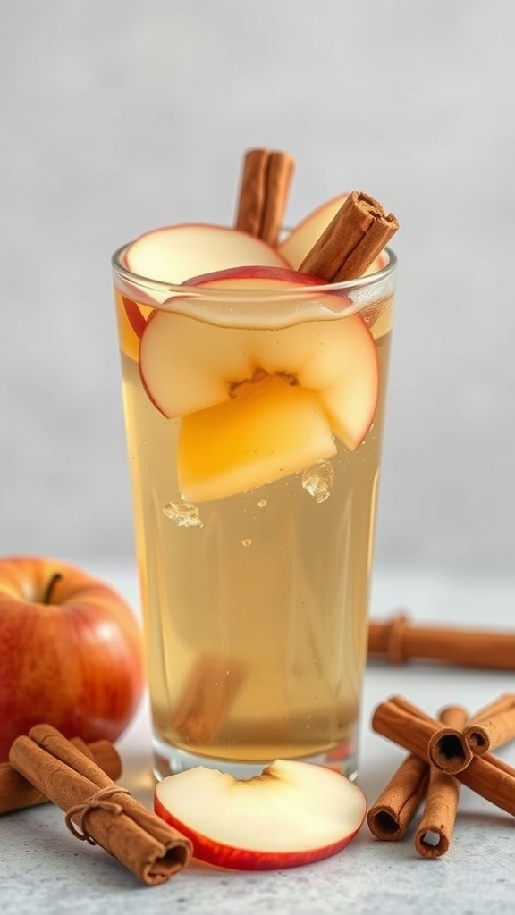 A glass of apple cider vinegar detox drink with apple slices and cinnamon sticks.