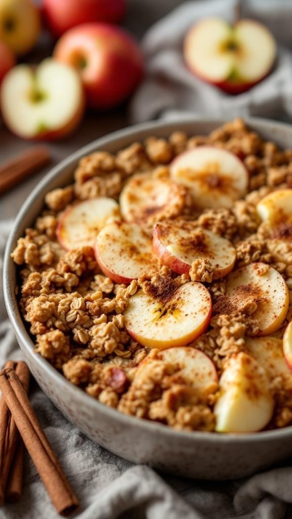 A delicious apple cinnamon breakfast casserole topped with sliced apples and cinnamon.