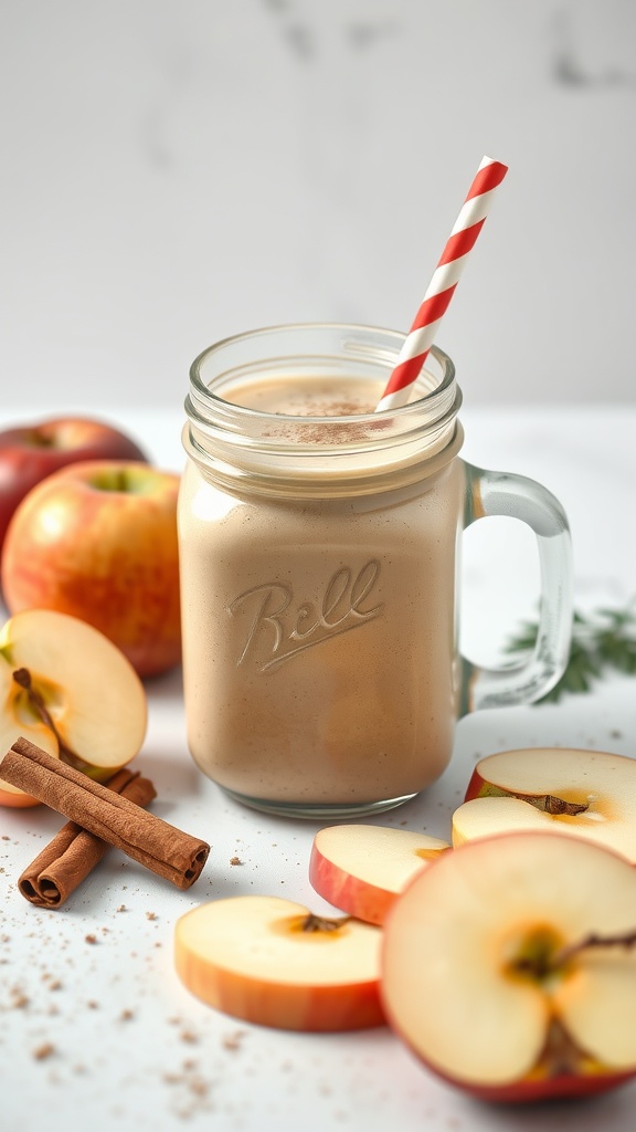 A refreshing apple cinnamon detox smoothie in a glass jar with a straw, surrounded by fresh apples and cinnamon sticks.