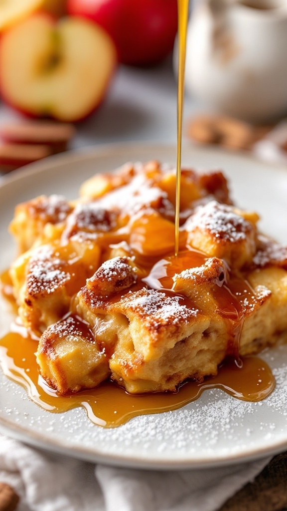 Delicious Apple Cinnamon French Toast Casserole topped with syrup.
