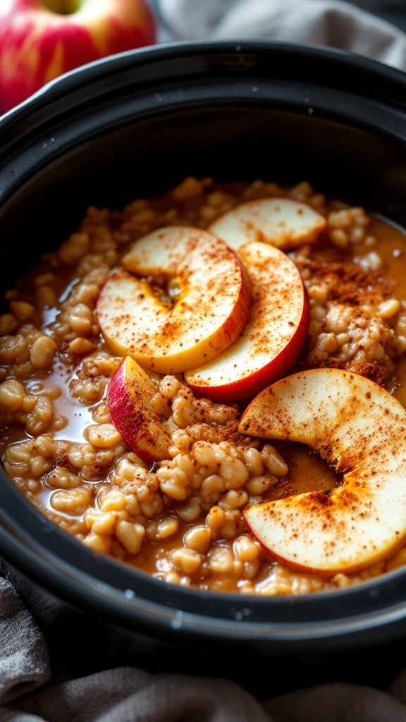 A bowl of apple cinnamon oatmeal with sliced apples on top