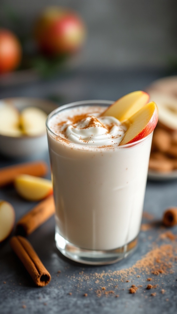 A refreshing apple cinnamon smoothie topped with yogurt and apple slices.