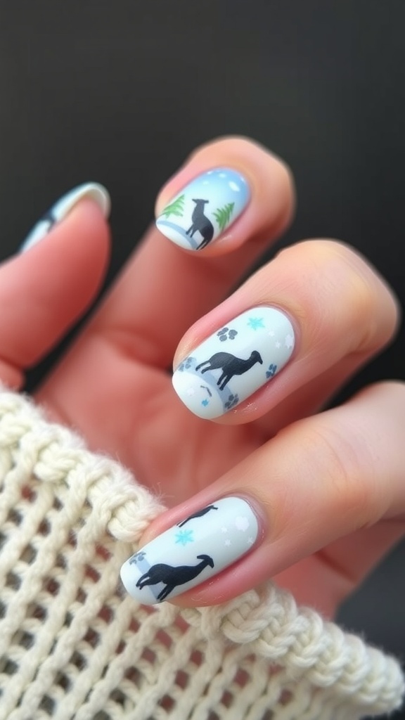 Nail art featuring arctic animal prints on a snowy background with trees