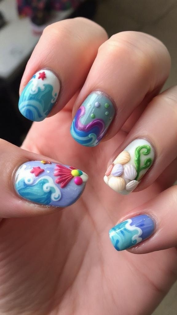 A hand with beautifully designed nails featuring an under the sea theme with Ariel, waves, and seashells.