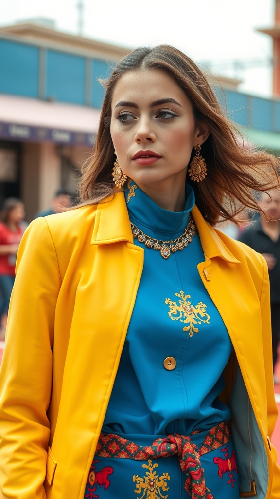 A mannequin displaying an artistic layered outfit featuring a colorful oversized jacket, a bright yellow top, patterned shorts, and a red belt.