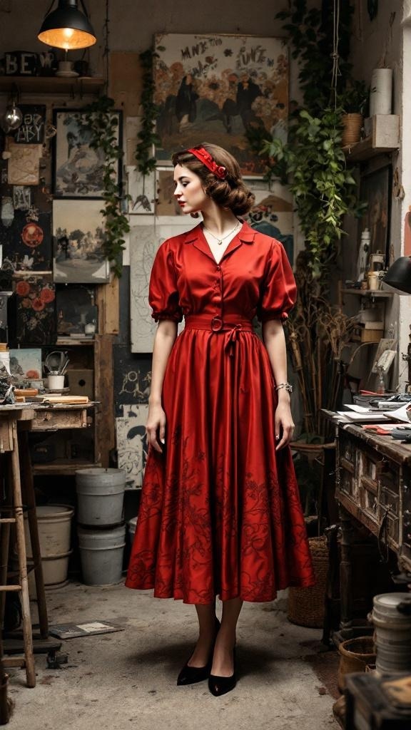 A woman in a vintage-inspired red dress with puffed sleeves, standing in an artistic studio filled with paintings and greenery.