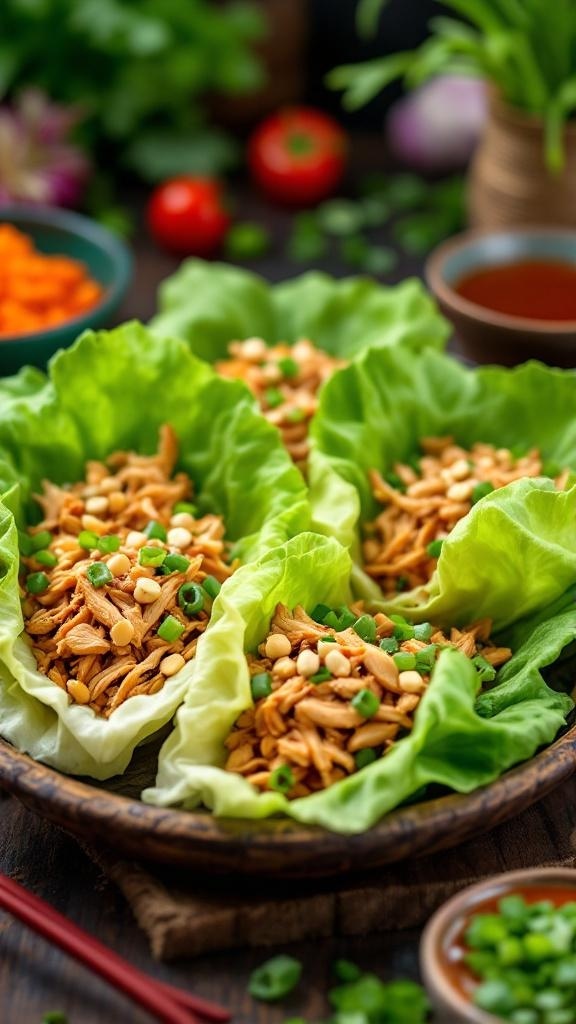 A plate of Asian-inspired shredded chicken lettuce wraps filled with chicken, carrots, and green onions, garnished with peanuts.