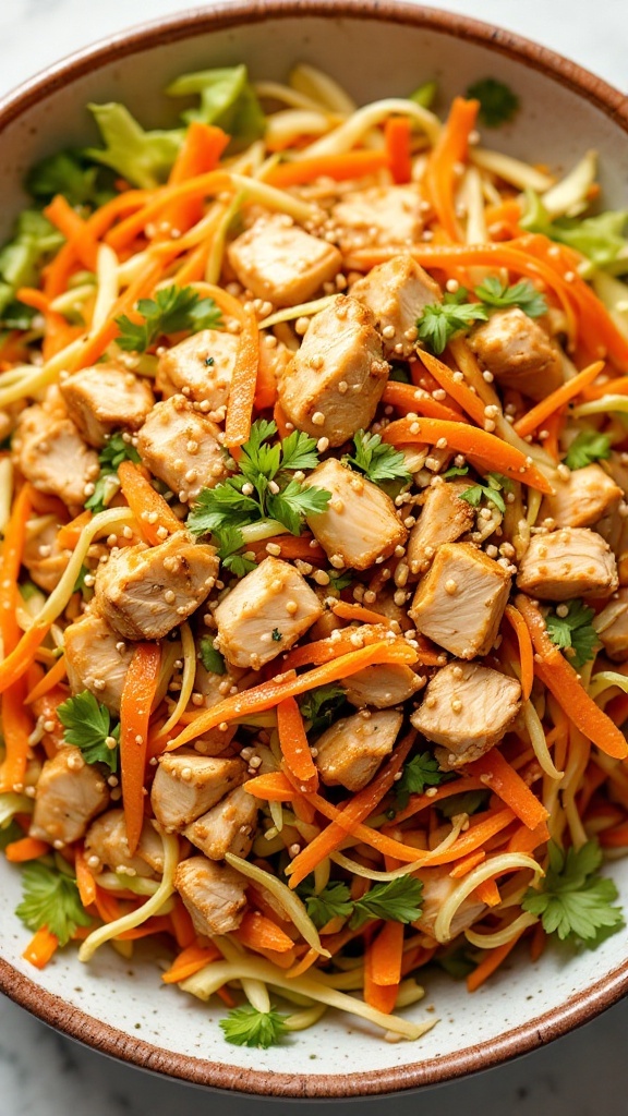 A vibrant bowl of Asian chicken salad with colorful vegetables and sesame dressing.