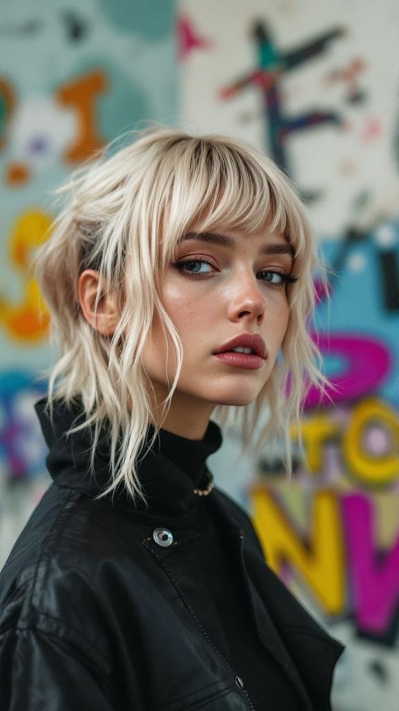 A person with asymmetrical bangs and a stylish outfit, standing in front of a colorful graffiti background.