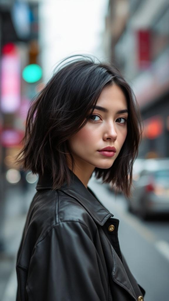 A woman with an asymmetrical bob hairstyle, featuring one side shorter than the other, standing in a city street.