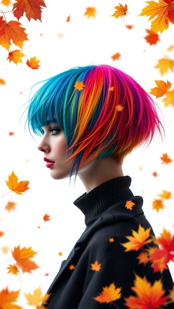 A side profile of a person with a colorful asymmetrical haircut featuring bright blue, pink, and orange hues, surrounded by autumn leaves.