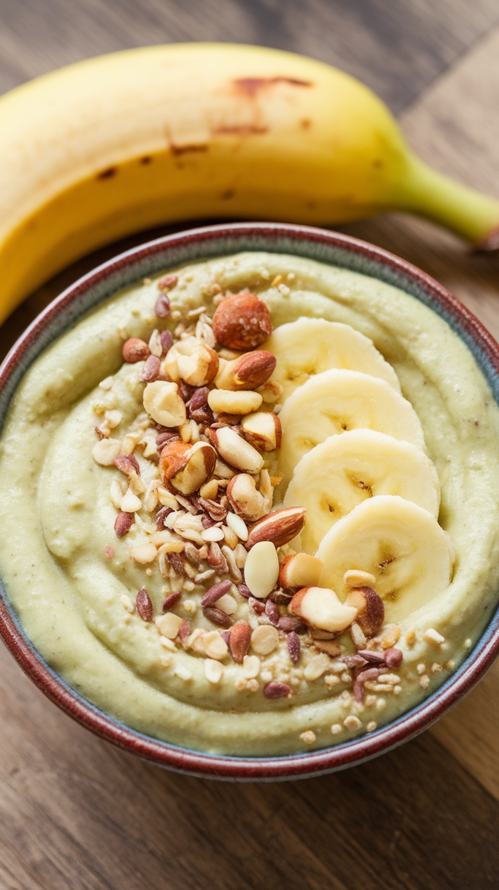 A creamy avocado and banana smoothie topped with nuts and seeds.
