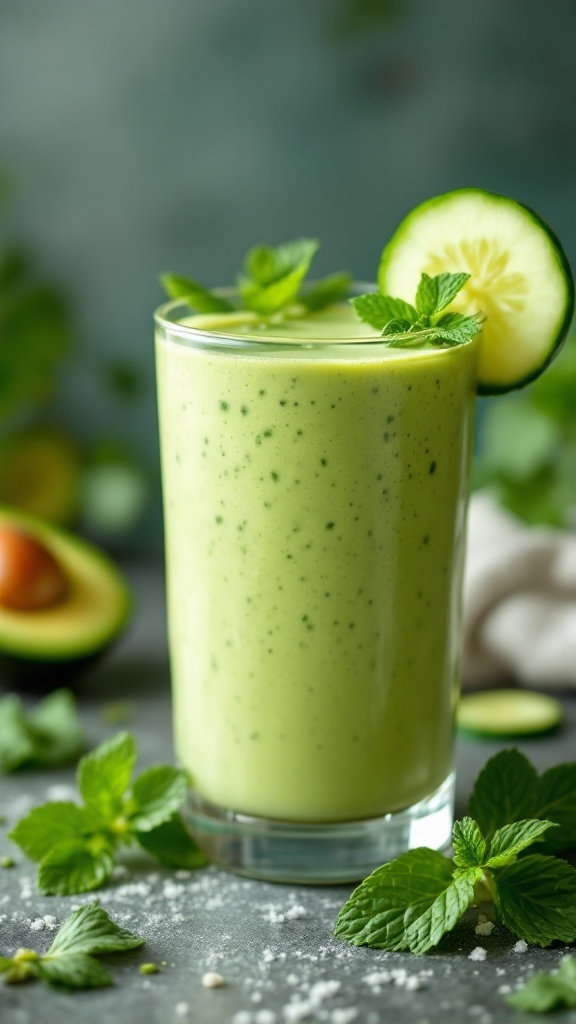 A refreshing green smoothie made with avocado and cucumber.