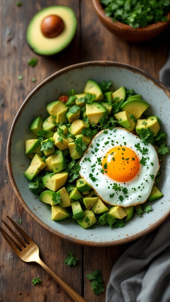 Avocado and Egg Breakfast Bowl with diced avocado and a fried egg