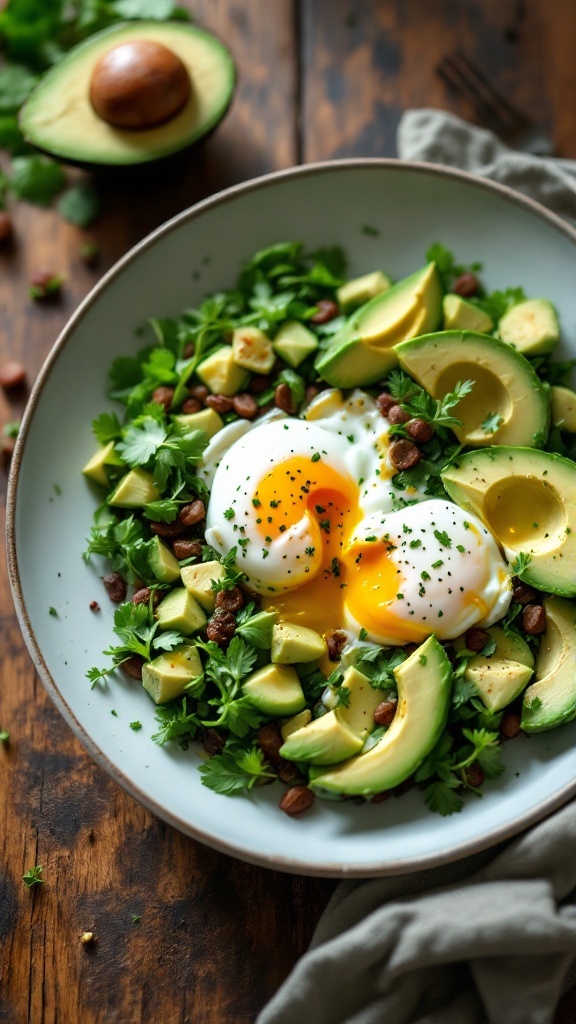 A delicious avocado and egg breakfast bowl with fresh herbs and nuts.