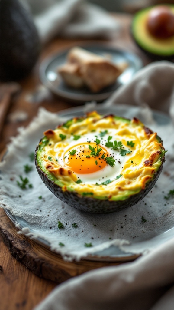 A baked avocado half filled with egg whites, garnished with herbs.