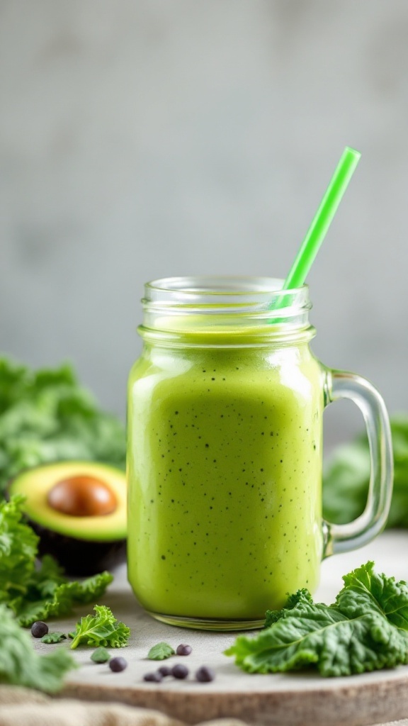 A refreshing green avocado and kale smoothie in a mason jar with a straw
