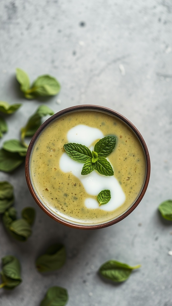 A bowl of avocado and spinach smoothie topped with mint leaves.