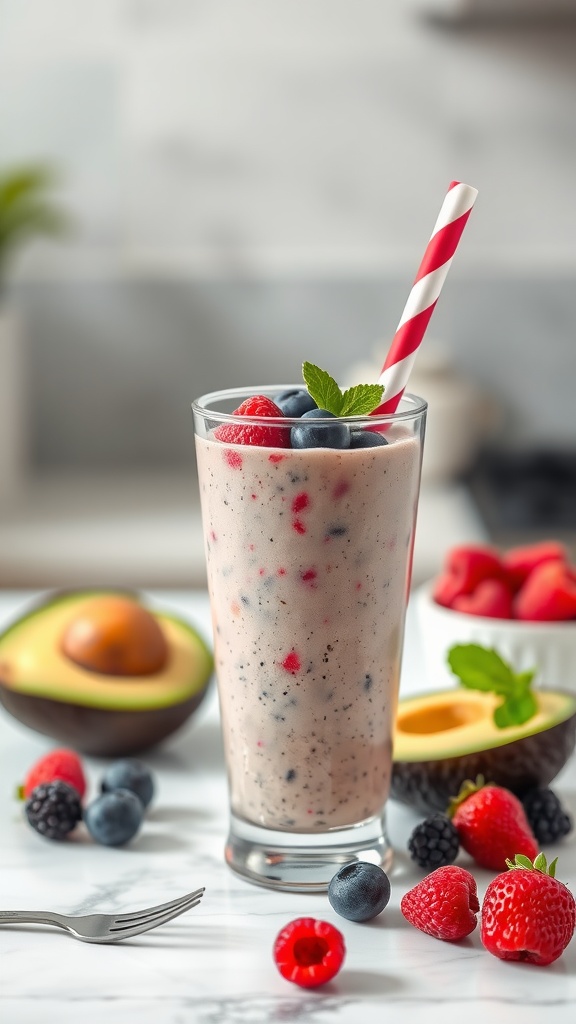 A refreshing avocado berry smoothie in a tall glass, garnished with berries and mint.