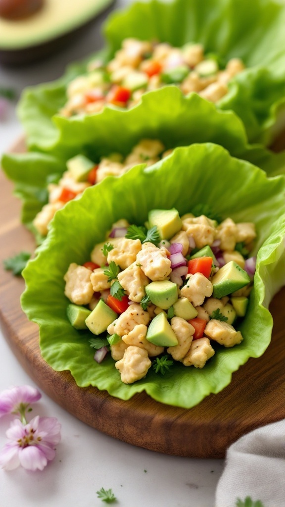 Avocado chicken salad served in lettuce wraps